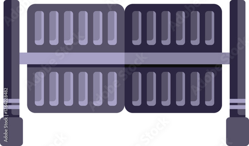 Gray metal fence barrier with vertical planks is protecting restricted area, dividing public space on white background