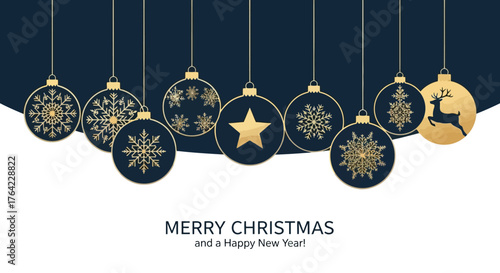 Festive Christmas Ornaments Golden Decorations on Navy Background