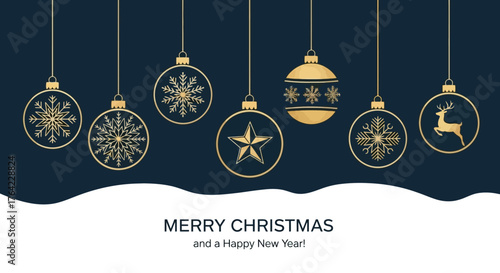 Elegant Christmas Ornaments on a Festive Navy Background with Holiday Wishes