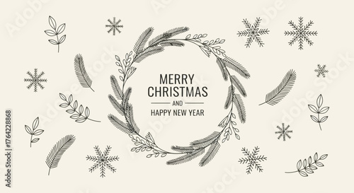 Christmas Wreath and Snowflake Illustration for Holiday Greetings