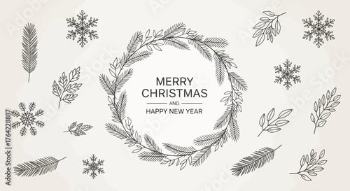 Elegant Botanical Wreath with Festive Snowflakes for Christmas and New Year Greetings