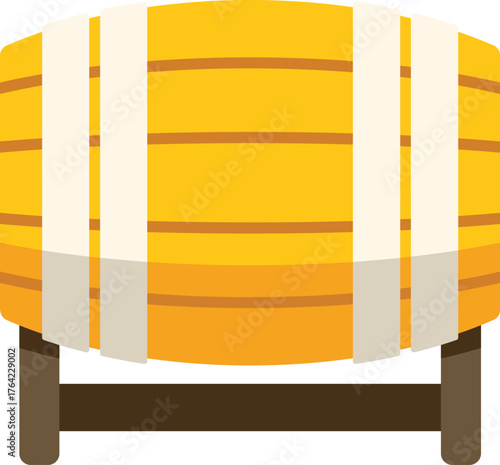 Yellow wooden barrel standing on a support structure, used for aging alcoholic beverages like beer, wine, or whiskey