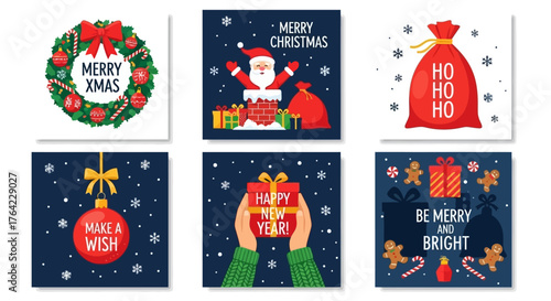 Festive Christmas Greeting Cards Set with Traditional Holiday Elements