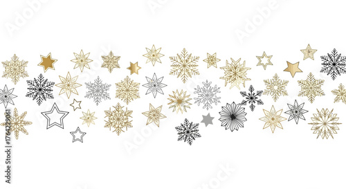 Elegant Gold and Silver Snowflake Border on White Background
