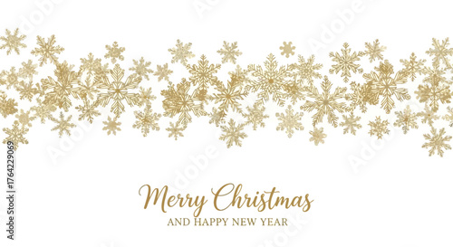 Elegant Christmas greeting with golden snowflakes on a white background