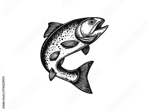 Black and White Trout Fish Vector Illustration