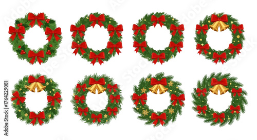 Christmas Wreath Vector Set with Bells and Red Bows for Holiday Decor