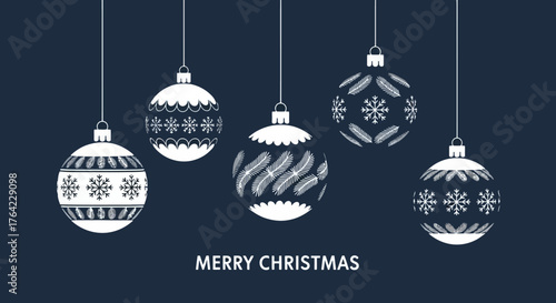 Festive Christmas Baubles Hanging on Dark Blue Background