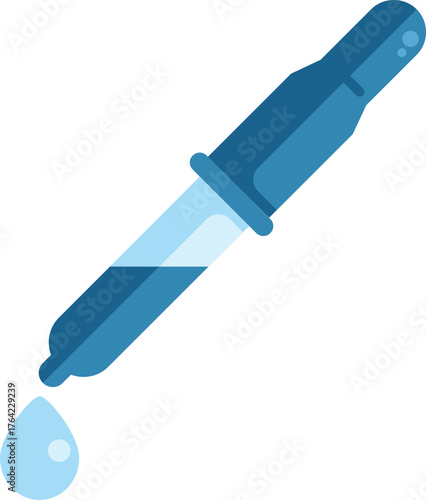 Blue pipette dropper is dispensing a single drop of liquid solution