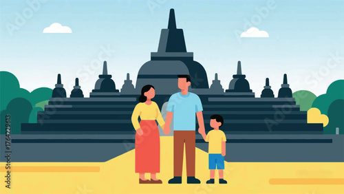 Family Happiness on Vacation to the Temple Illustrator Artwork Banner Background Design Template 