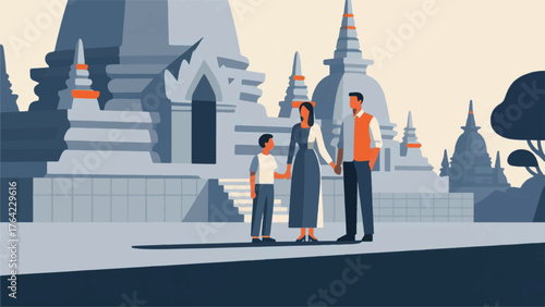 Happy Family Vacations to the Temple Illustrator Artwork Banner Background Design Template 