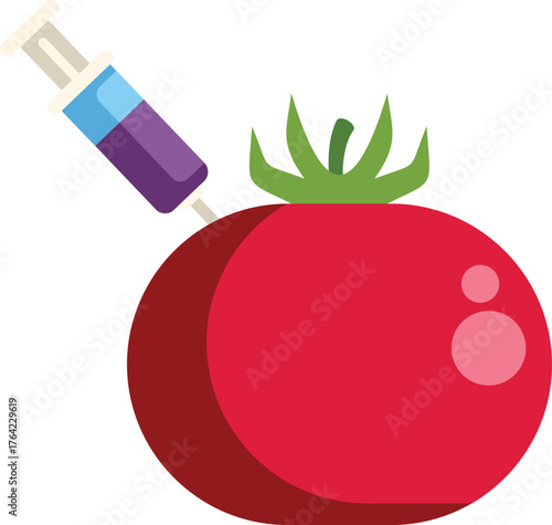Syringe injecting chemicals into a red tomato depicting gmo food concept