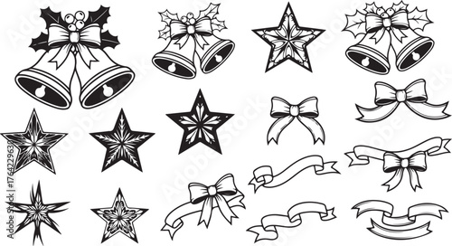 Festive Holiday Icons Bells, Stars, Bows, and Ribbons for Christmas and New Year Celebrations