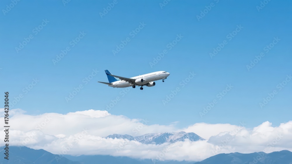 Fototapeta premium An airplane flies among the blue sky, clouds and mountains, showing the vastness and grandeur of air travel.