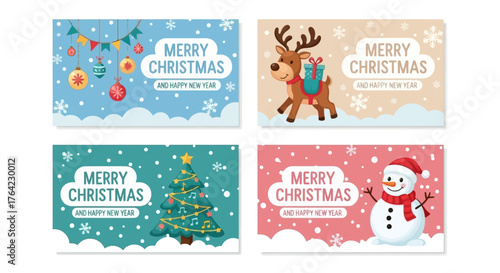 Christmas holiday greeting card templates with festive cartoon designs and seasonal cheer