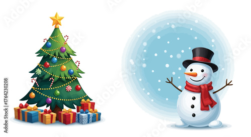 Festive Christmas Cheer A Cartoon Scene with Tree and Happy Snowman