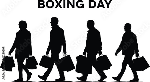 Silhouettes of people carrying shopping bags on boxing day, isolated on white background