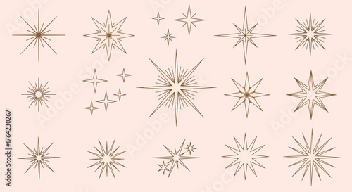 Radiant Starbursts Golden Glittering Star Icons on Light Pink Background