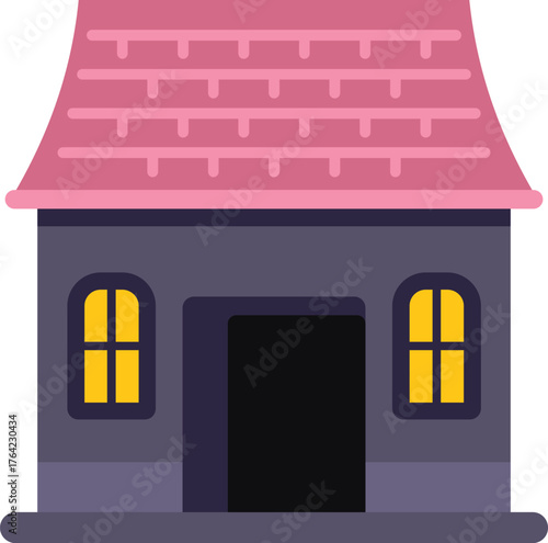 Cozy stone house with pink roof and illuminated windows, creating a warm and inviting atmosphere at night