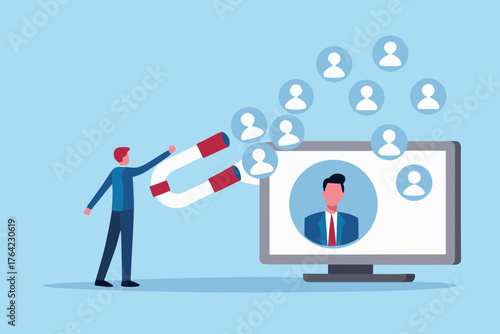 Man uses a large horseshoe magnet to attract people icons from a computer screen representing recruitment and talent acquisition