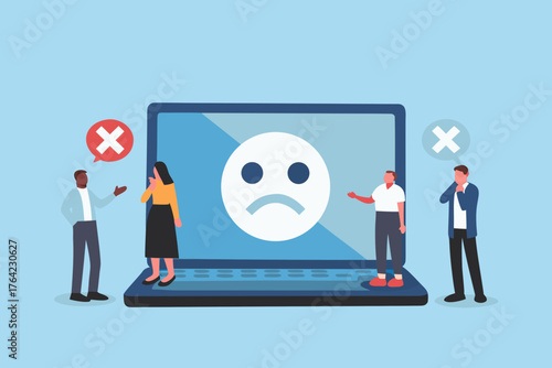 Frustrated people discussing a negative customer experience or technical issue displayed on a laptop screen