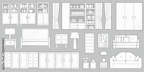 Collection of hand drawn furniture and home decor elements in a minimalist line art style
