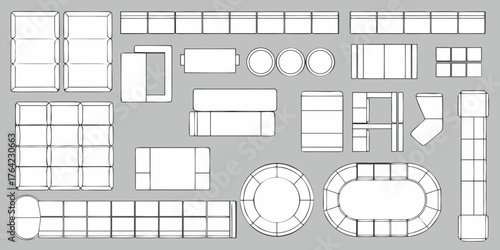 Collection of furniture elements and seating arrangements in a top down view schematic drawing