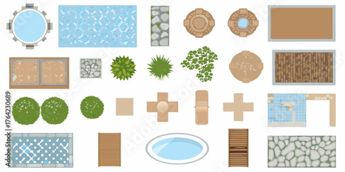 Top down view of outdoor elements including furniture plants and water features