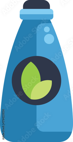 Blue bottle showing eco friendly product with green leaves logo, for vegan cosmetics or organic food and drinks
