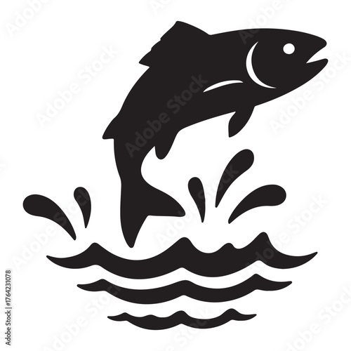 Jumping fish on water silhouette vector black and white illustration