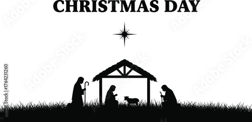 Silhouette of nativity scene with christmas day text, minimalist holiday design