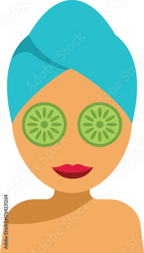 Woman is relaxing with a blue towel on her head and cucumber slices on her eyes