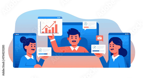 Online Business Meeting With Digital Devices and Financial Growth Chart Visualization