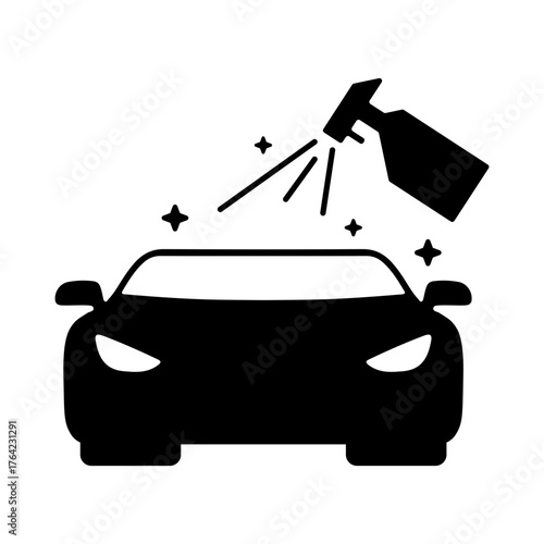 A stylized illustration of a car being washed with a high-pressure water spray, showing suds and bubbles.