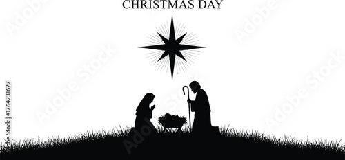Silhouette of nativity scene with star on christmas day, minimalist design