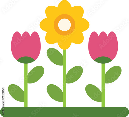 Colorful illustration of two tulips and a yellow flower, growing in a garden