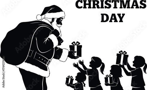 Santa claus giving gifts to children on christmas day silhouette illustration