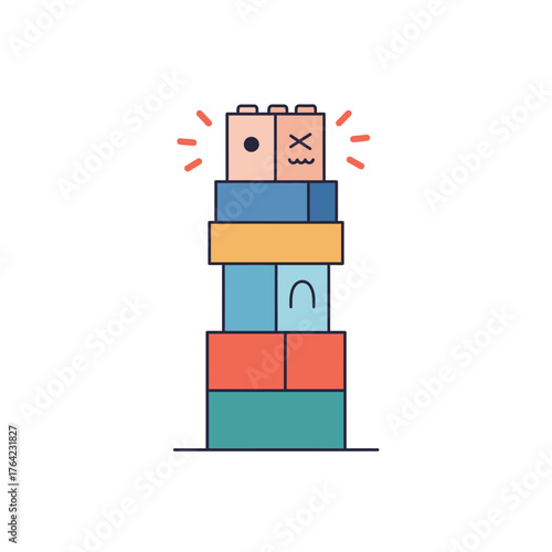 Vector illustration of a wobbly tower of colorful toy blocks with emotional faces, symbolizing concepts of anxiety, pressure, and an unstable structure