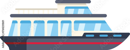 Large modern double decker ferry boat for river and sea tours with panoramic windows, comfortable passenger water transport, flat vector illustration on white background