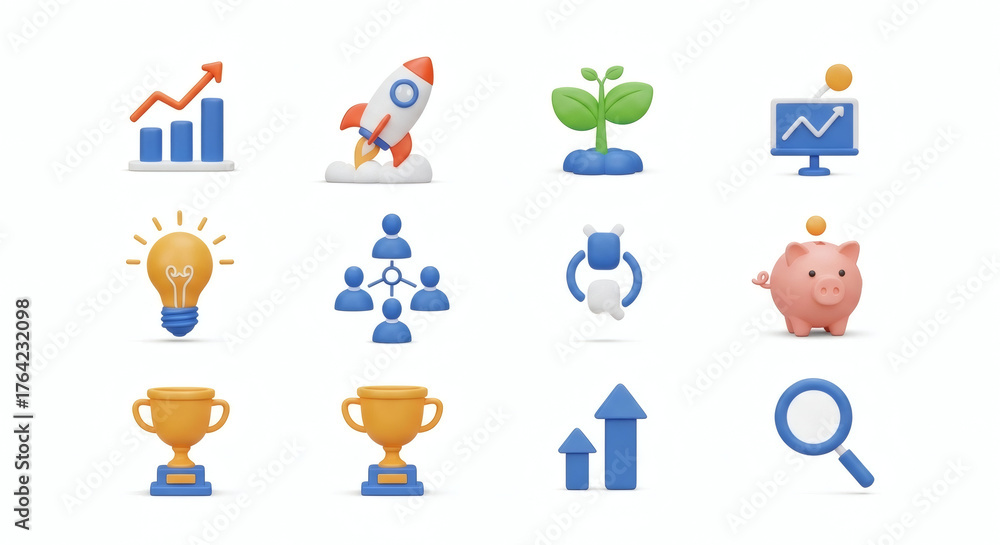 Fototapeta premium 3D Business Growth and Success Icon Set Featuring Concepts of Innovation, Teamwork, Financial Development, and Achievement for Modern Digital Projects