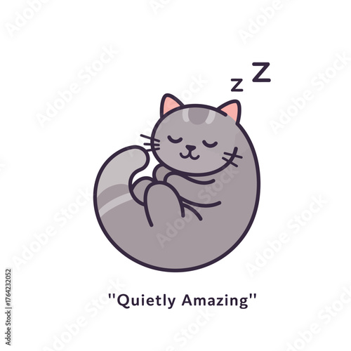 An endearing and gently sleeping grey tabby cat, curled up in a perfect circle, finds a moment of serene tranquility and quiet comfort, radiating peaceful dreams and adorable contentment