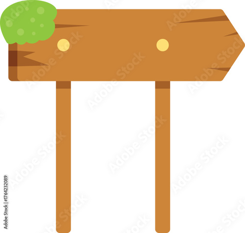 Wooden arrow sign pointing right with moss growing on the top left corner