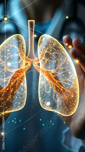 Health professional illustrates lung anatomy and function using glowing 3D model with detailed visual effects