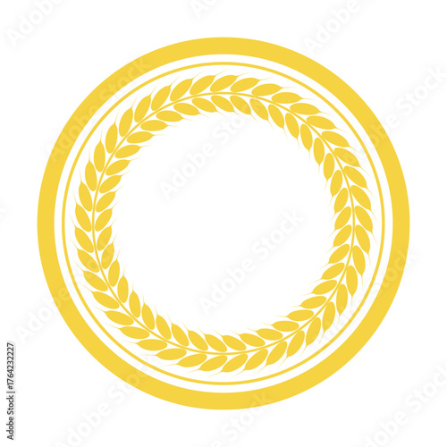 Stamp with circle wheat wreath inside. Branding, packaging, food products emblem, celebration, harvest, winner, award concept. Flat vector illustration. Isolated on white.