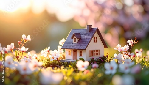 Wallpaper Mural toy house on blossom cherry flowers, spring natural background. concept of mortgage, construction, rental, family and property Torontodigital.ca