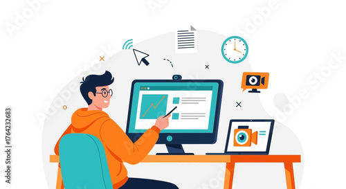 Online education concept illustration: student with devices for remote learning