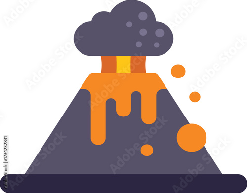 Volcano erupting with molten lava flowing downhill, smoke and rocks exploding from its crater in a flat design style