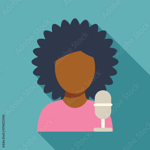 Faceless young woman with curly hair recording audio using a microphone, podcast and streaming concept