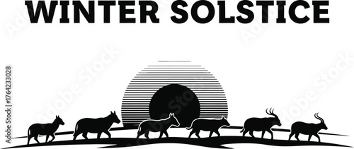 Winter solstice illustration with animals walking into a tunnel, minimalist design