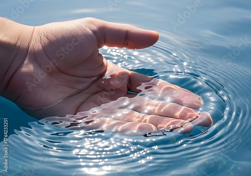 Human hand reaching down to touch the cool water, captured in a high-speed shot emphasizing the circular wave effect